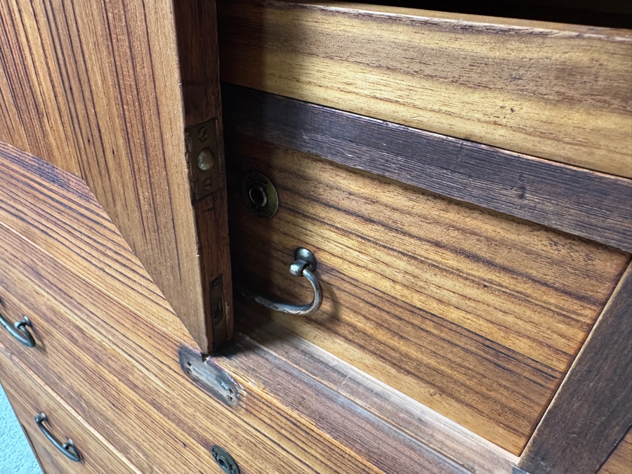 Vintage Japanese Two-Section Isho Biraki Kimono Tansu (Clothing Chest With Hinged Doors) Made Of Kiri Wood 35.5'W x 17'D x 63'H [Photo 3]