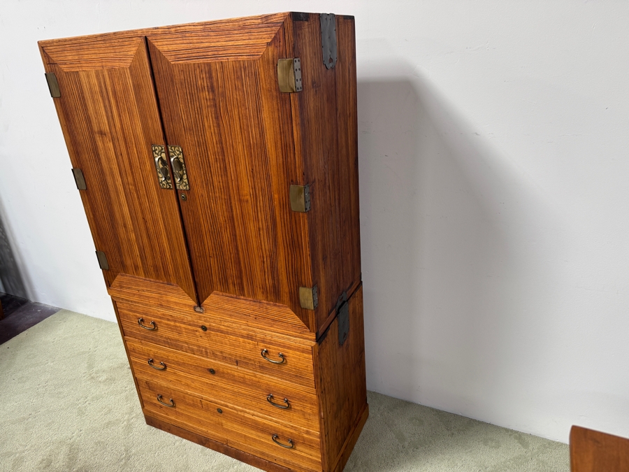 Vintage Japanese Two-Section Isho Biraki Kimono Tansu (Clothing Chest With Hinged Doors) Made Of Kiri Wood 35.5'W x 17'D x 63'H [Photo 2]