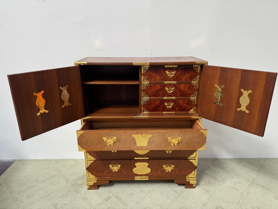 Korean Tansu-Style Chest/Cabinet Made of Teak And Burl Wood With Ornate Brass Hardware 40'W x 17'D x 47'H [Photo 4]