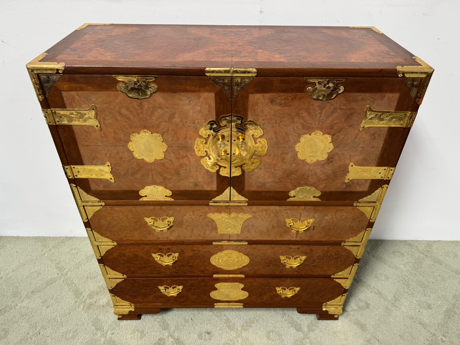 Korean Tansu-Style Chest/Cabinet Made of Teak And Burl Wood With Ornate Brass Hardware 40'W x 17'D x 47'H [Photo 2]
