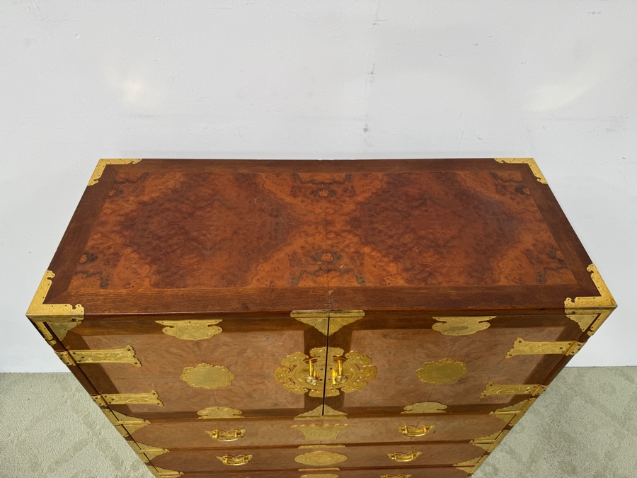 Korean Tansu-Style Chest/Cabinet Made of Teak And Burl Wood With Ornate Brass Hardware 40'W x 17'D x 47'H [Photo 3]