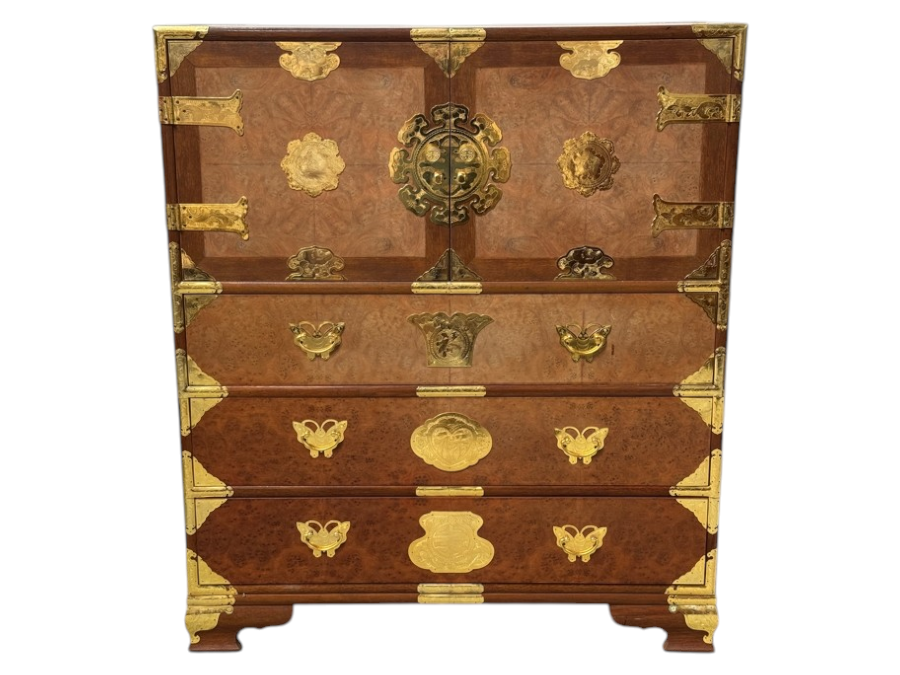 Korean Tansu-Style Chest/Cabinet Made of Teak And Burl Wood With Ornate Brass Hardware 40'W x 17'D x 47'H