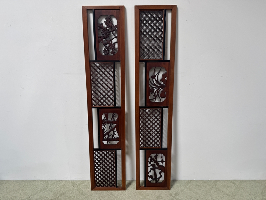 Set Of Two Decorative Asian Wood Carved Panels With Intricate Floral And Geometric Designs 15'W x 73'H
