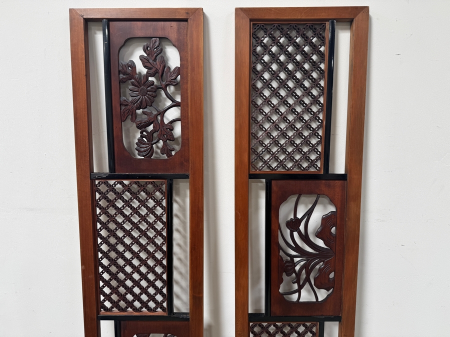 Set Of Two Decorative Asian Wood Carved Panels With Intricate Floral And Geometric Designs 15'W x 73'H [Photo 2]