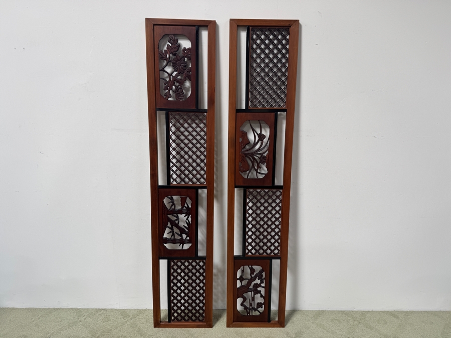 Set Of Two Decorative Asian Wood Carved Panels With Intricate Floral And Geometric Designs 15'W x 73'H [Photo 5]