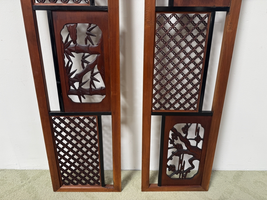 Set Of Two Decorative Asian Wood Carved Panels With Intricate Floral And Geometric Designs 15'W x 73'H [Photo 3]