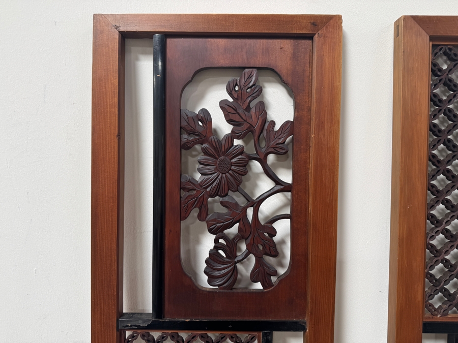 Set Of Two Decorative Asian Wood Carved Panels With Intricate Floral And Geometric Designs 15'W x 73'H [Photo 4]