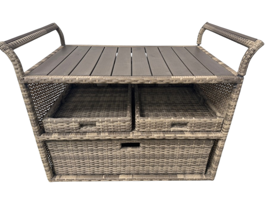 Brown Resin Wicker Outdoor Bar/Serving Cart with Storage Drawer and Two Removable Upper Trays 46'W x 27'D x 36'H