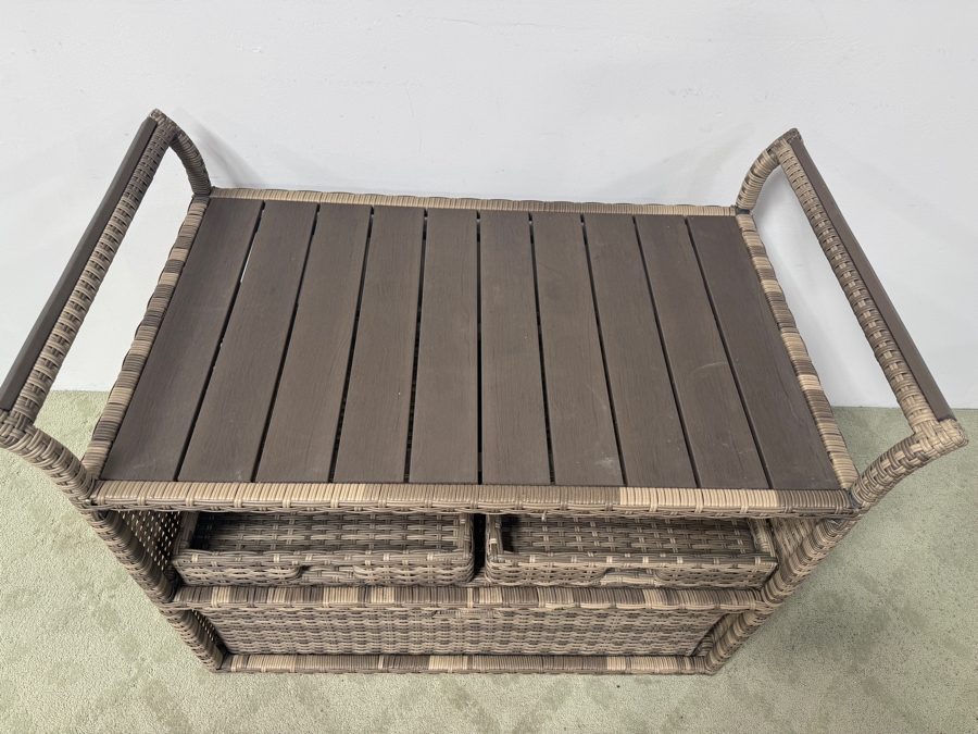Brown Resin Wicker Outdoor Bar/Serving Cart with Storage Drawer and Two Removable Upper Trays 46'W x 27'D x 36'H [Photo 2]