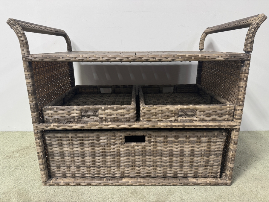Brown Resin Wicker Outdoor Bar/Serving Cart with Storage Drawer and Two Removable Upper Trays 46'W x 27'D x 36'H [Photo 5]