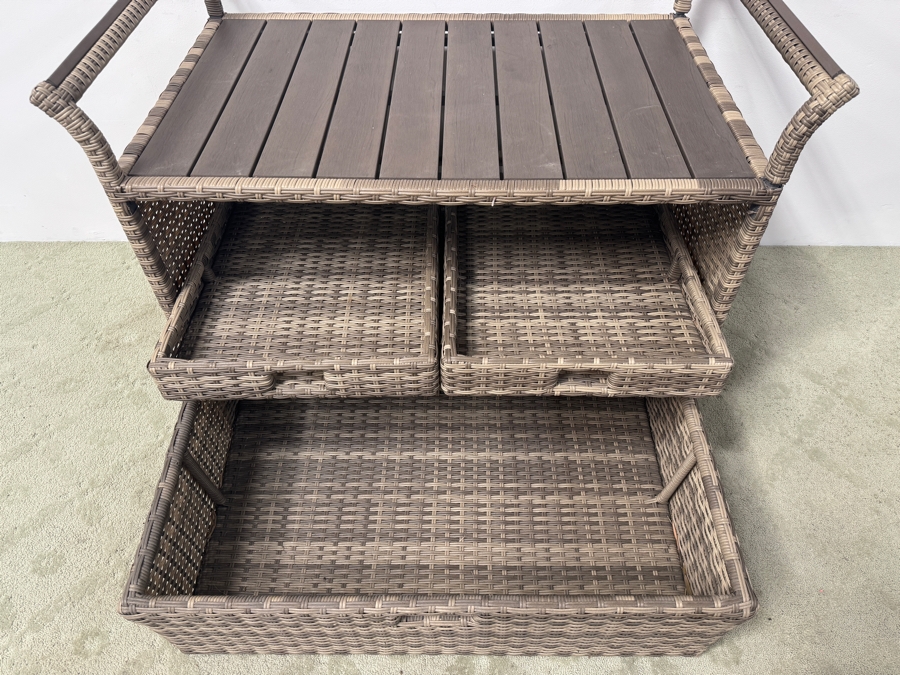 Brown Resin Wicker Outdoor Bar/Serving Cart with Storage Drawer and Two Removable Upper Trays 46'W x 27'D x 36'H [Photo 3]