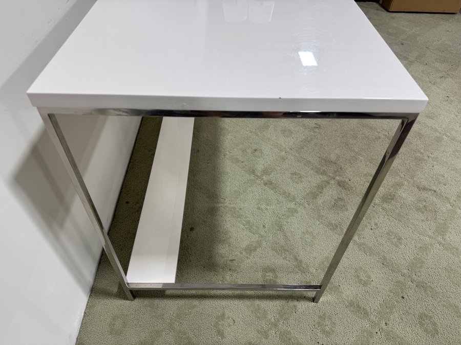 West Elm White Lacquer Storage Desk with High Gloss Finish and Metal Legs 64'W x 24'D x 30'H [Photo 8]