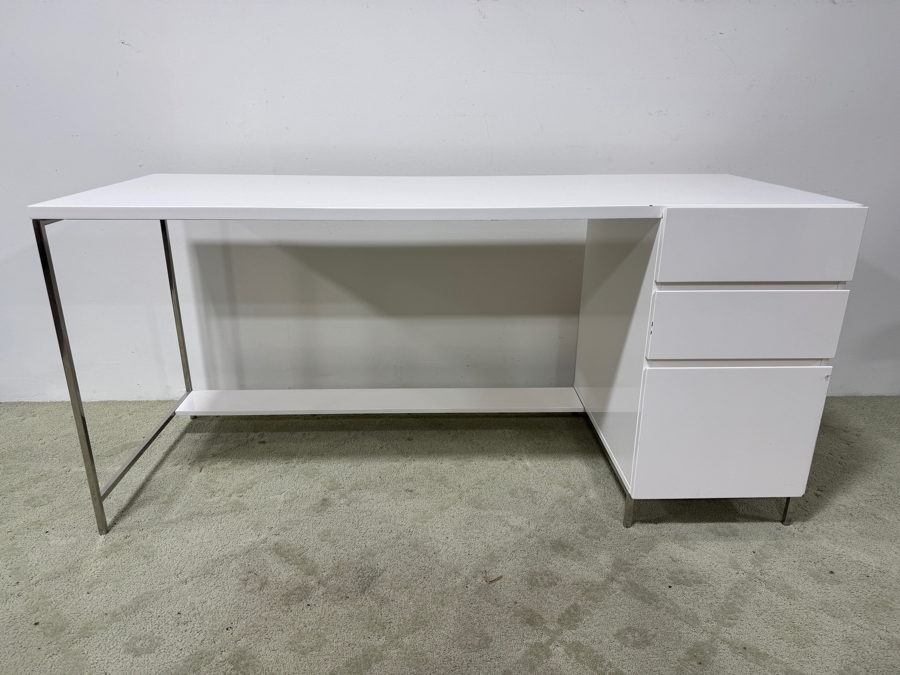 West Elm White Lacquer Storage Desk with High Gloss Finish and Metal Legs 64'W x 24'D x 30'H [Photo 2]