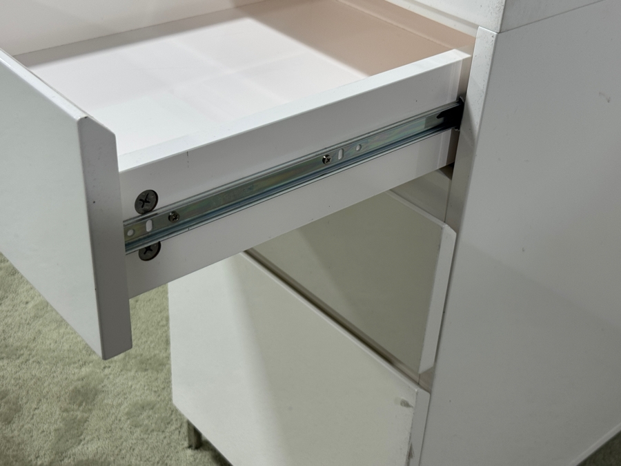 West Elm White Lacquer Storage Desk with High Gloss Finish and Metal Legs 64'W x 24'D x 30'H [Photo 4]
