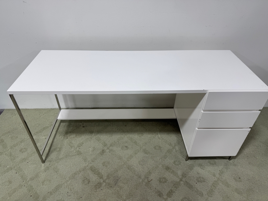 West Elm White Lacquer Storage Desk with High Gloss Finish and Metal Legs 64'W x 24'D x 30'H [Photo 3]