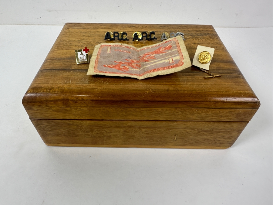 Wooden Box With Military Collectibles Including A 1 Dollar Military Payment Certificate Bill And Pins 9.5'H x 7'D x 3.5'H [Photo 11]