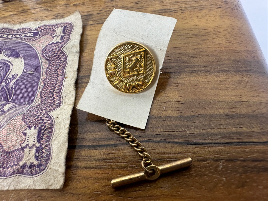 Wooden Box With Military Collectibles Including A 1 Dollar Military Payment Certificate Bill And Pins 9.5'H x 7'D x 3.5'H [Photo 5]