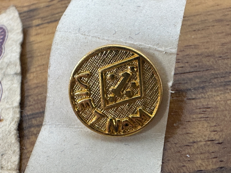 Wooden Box With Military Collectibles Including A 1 Dollar Military Payment Certificate Bill And Pins 9.5'H x 7'D x 3.5'H [Photo 6]