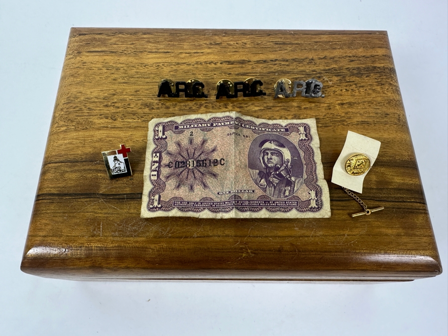 Wooden Box With Military Collectibles Including A 1 Dollar Military Payment Certificate Bill And Pins 9.5'H x 7'D x 3.5'H [Photo 3]