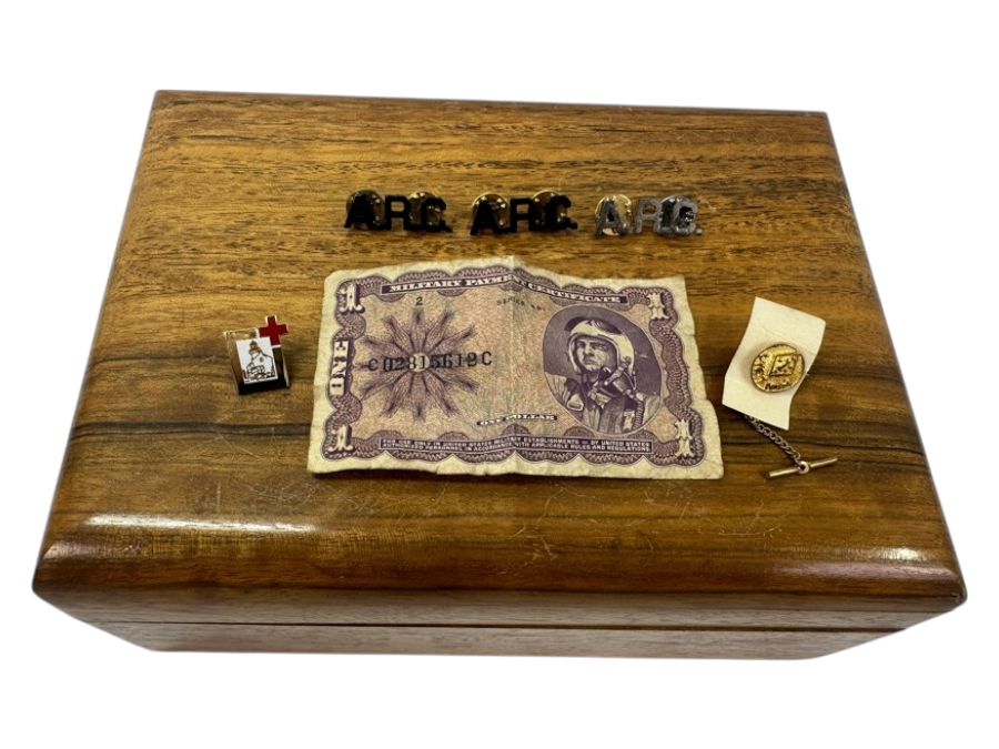 Wooden Box With Military Collectibles Including A 1 Dollar Military Payment Certificate Bill And Pins 9.5'H x 7'D x 3.5'H