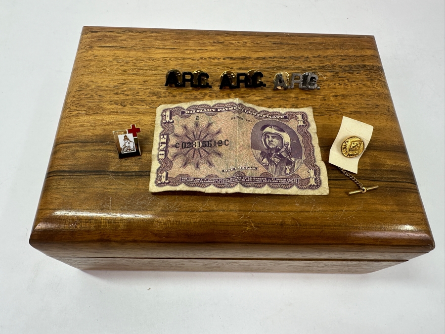 Wooden Box With Military Collectibles Including A 1 Dollar Military Payment Certificate Bill And Pins 9.5'H x 7'D x 3.5'H [Photo 2]