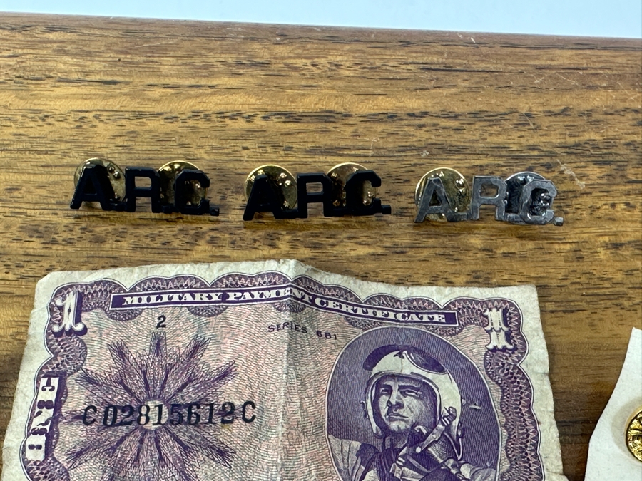 Wooden Box With Military Collectibles Including A 1 Dollar Military Payment Certificate Bill And Pins 9.5'H x 7'D x 3.5'H [Photo 7]