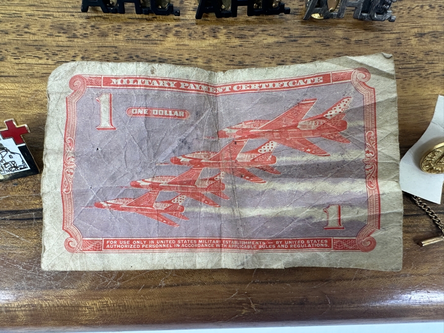 Wooden Box With Military Collectibles Including A 1 Dollar Military Payment Certificate Bill And Pins 9.5'H x 7'D x 3.5'H [Photo 9]