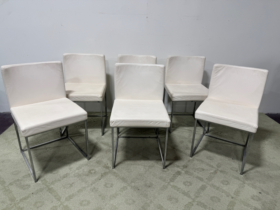 Set Of 6 Calligaris Italian Dining Chairs With Ivory Leather Upholstery And Stainless Steel Frames 18.5'W x 18.5'D x 32'H [Photo 8]