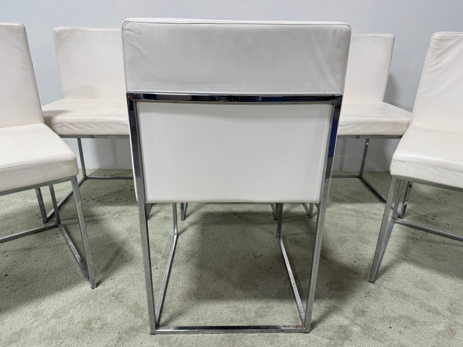 Set Of 6 Calligaris Italian Dining Chairs With Ivory Leather Upholstery And Stainless Steel Frames 18.5'W x 18.5'D x 32'H [Photo 2]