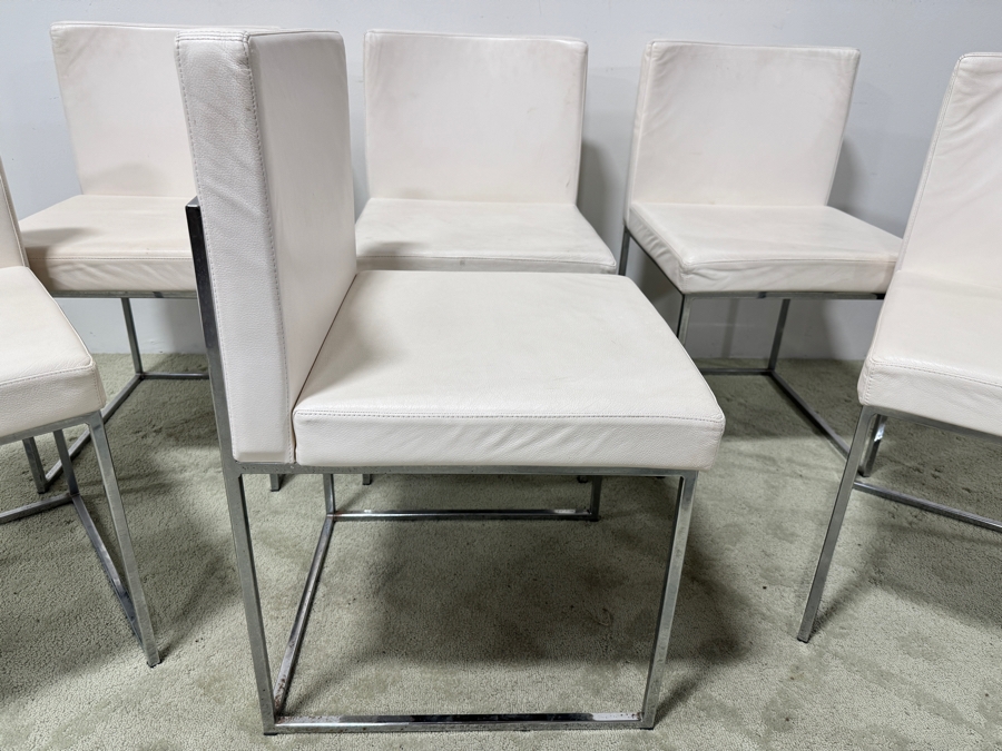Set Of 6 Calligaris Italian Dining Chairs With Ivory Leather Upholstery And Stainless Steel Frames 18.5'W x 18.5'D x 32'H [Photo 3]