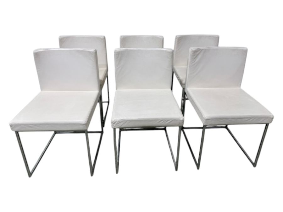 Set Of 6 Calligaris Italian Dining Chairs With Ivory Leather Upholstery And Stainless Steel Frames 18.5'W x 18.5'D x 32'H