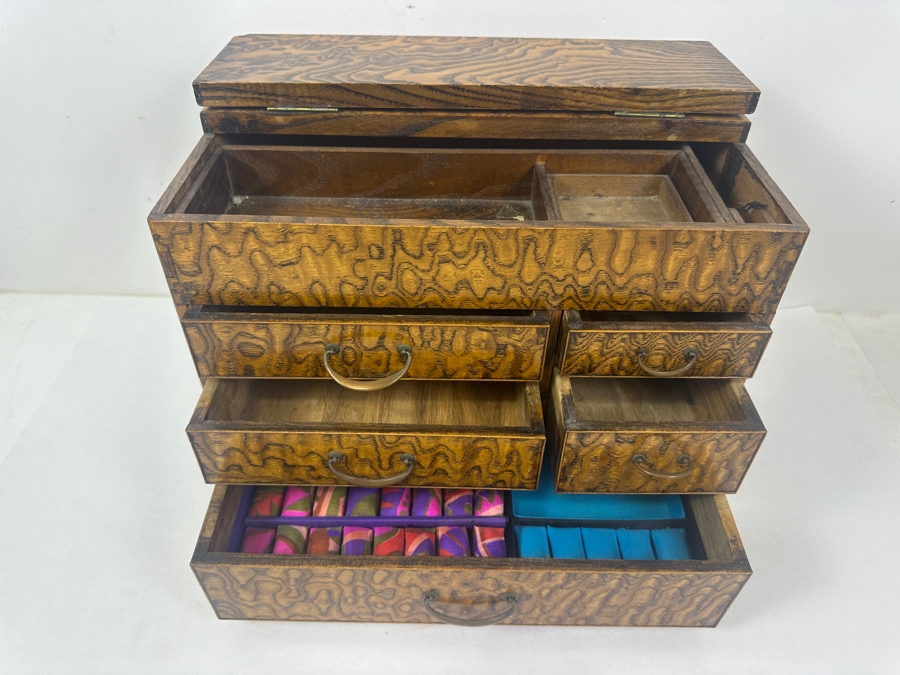 Vintage Japanese Haribako (Sewing Box) Tansu with Tamamoku (Burl Wood) Grain Pattern 12.5'W x 7.75'D x 10'H [Photo 9]