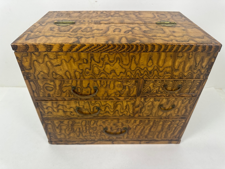 Vintage Japanese Haribako (Sewing Box) Tansu with Tamamoku (Burl Wood) Grain Pattern 12.5'W x 7.75'D x 10'H [Photo 3]
