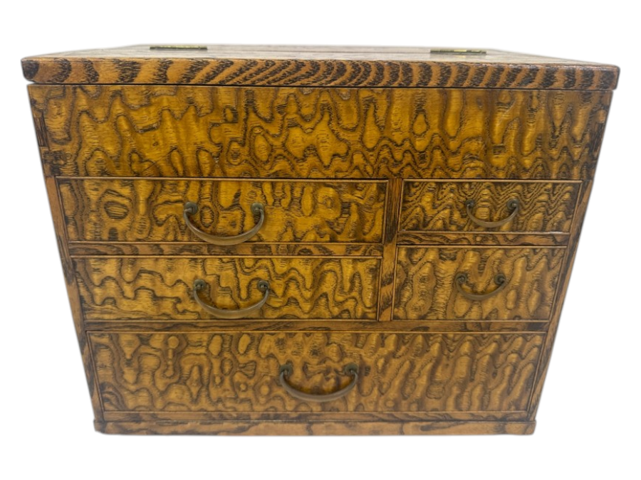 Vintage Japanese Haribako (Sewing Box) Tansu with Tamamoku (Burl Wood) Grain Pattern 12.5'W x 7.75'D x 10'H