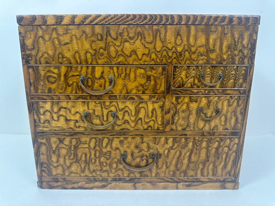 Vintage Japanese Haribako (Sewing Box) Tansu with Tamamoku (Burl Wood) Grain Pattern 12.5'W x 7.75'D x 10'H [Photo 2]