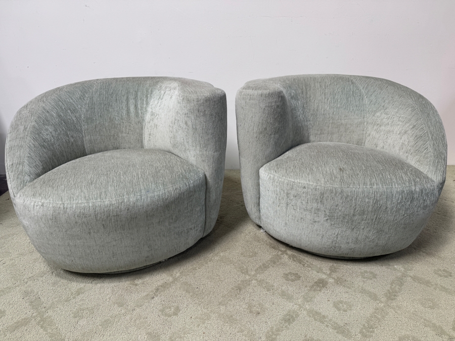 Pair of Vladimir Kagan Style Corkscrew/Nautilus Swivel Chairs with Light Green Upholstery 35'W x 34'D x 27.5'H [Photo 2]