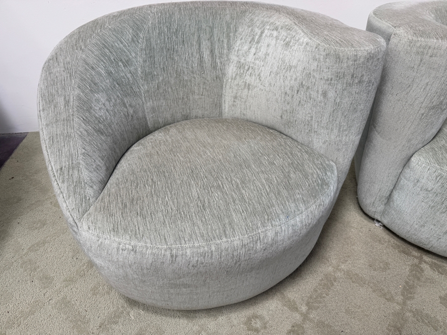Pair of Vladimir Kagan Style Corkscrew/Nautilus Swivel Chairs with Light Green Upholstery 35'W x 34'D x 27.5'H [Photo 4]