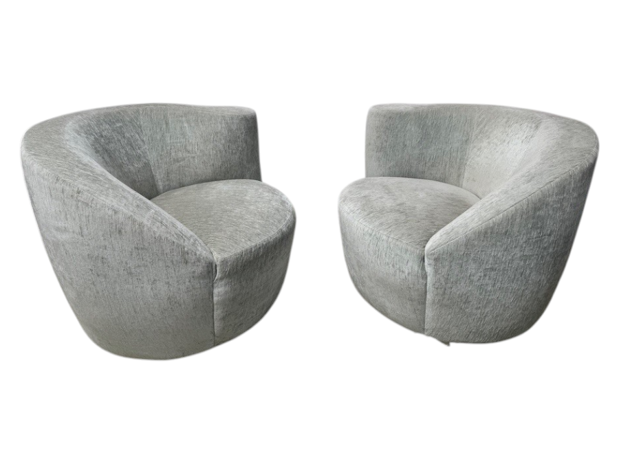 Pair of Vladimir Kagan Style Corkscrew/Nautilus Swivel Chairs with Light Green Upholstery 35'W x 34'D x 27.5'H