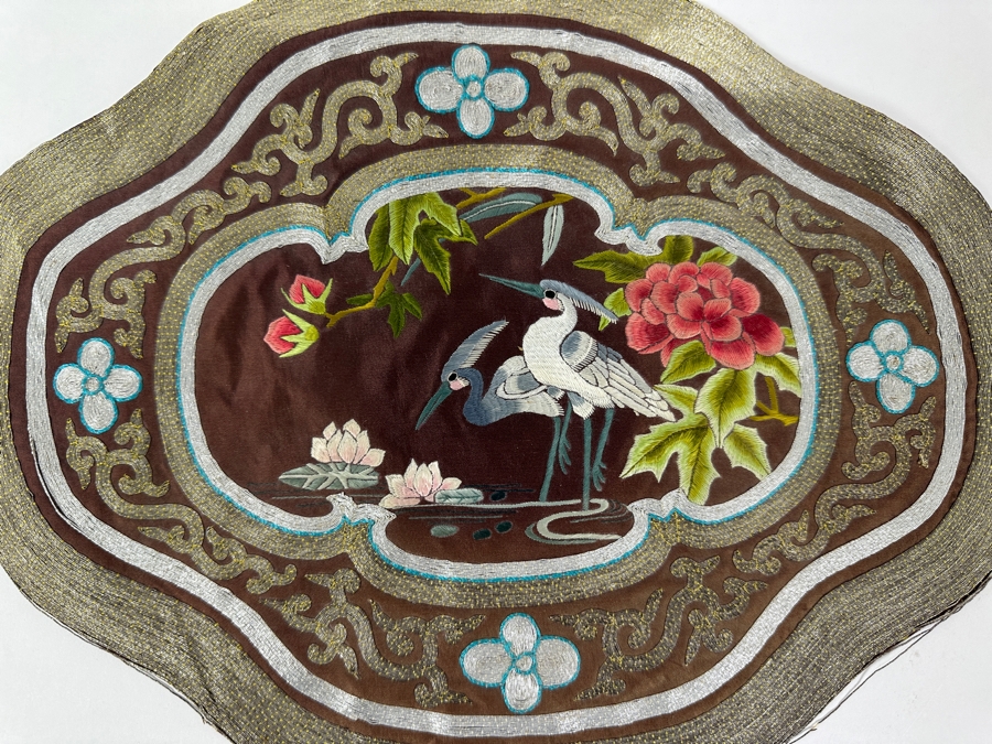 Vintage Chinese Silk Embroidery Textile Picture with Cranes and Flowers 13.5'W x 10'H [Photo 2]