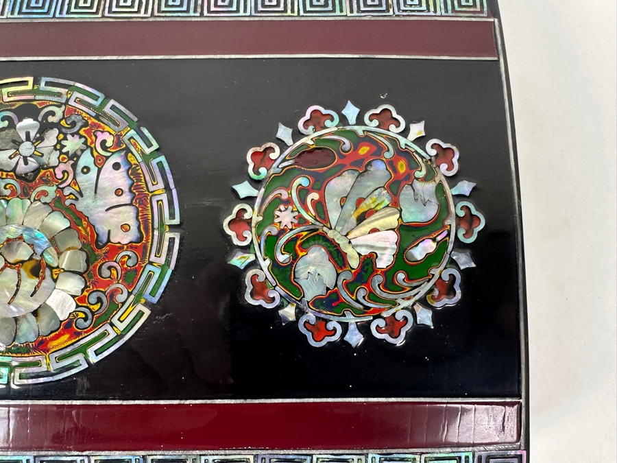 Stunning Black Lacquer Box With Mother Of Pearl Inlay Featuring Butterflies And Flowers 8.5'W x 6'D x 2.75'H [Photo 6]