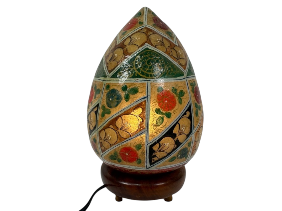 Decorative Hand Painted Egg Shaped Lamp With Floral Designs 9.5'H