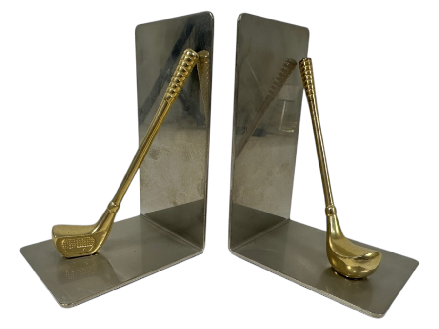 Pair of Brass and Chrome Golf Club Bookends 3'W x 5.5'H