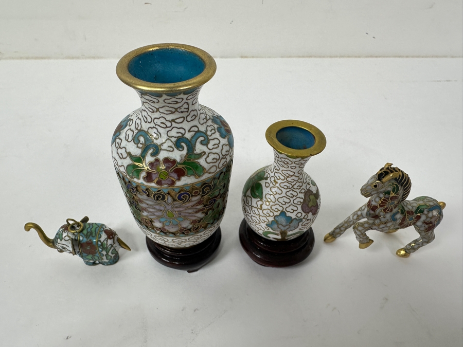 Vintage Chinese Cloisonné Set Featuring Elephant, Two  Bud Vases and Horse 2'H - 3.5'H [Photo 4]