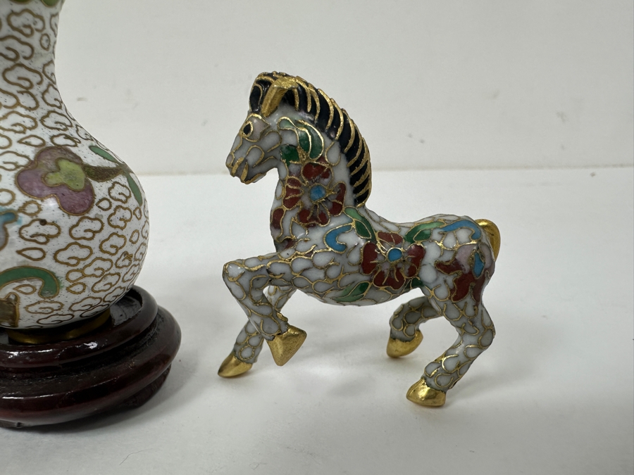 Vintage Chinese Cloisonné Set Featuring Elephant, Two  Bud Vases and Horse 2'H - 3.5'H [Photo 2]