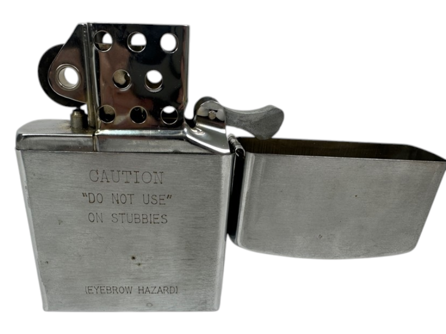 Oversized Metal Zippo Lighter with Novelty Engraving 'Caution Eyebrow Hazard' 4.5'W x 6.5'H