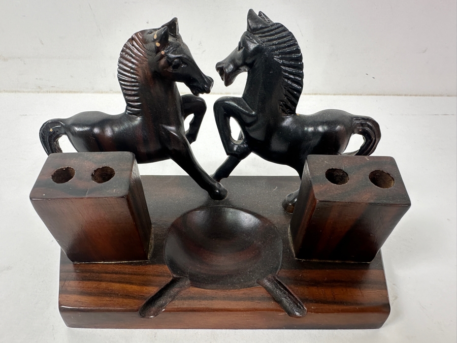 Vintage Hand-Carved Wooden Horse Pen Holder and Ashtray 7'W x 4'D x 4'H [Photo 2]