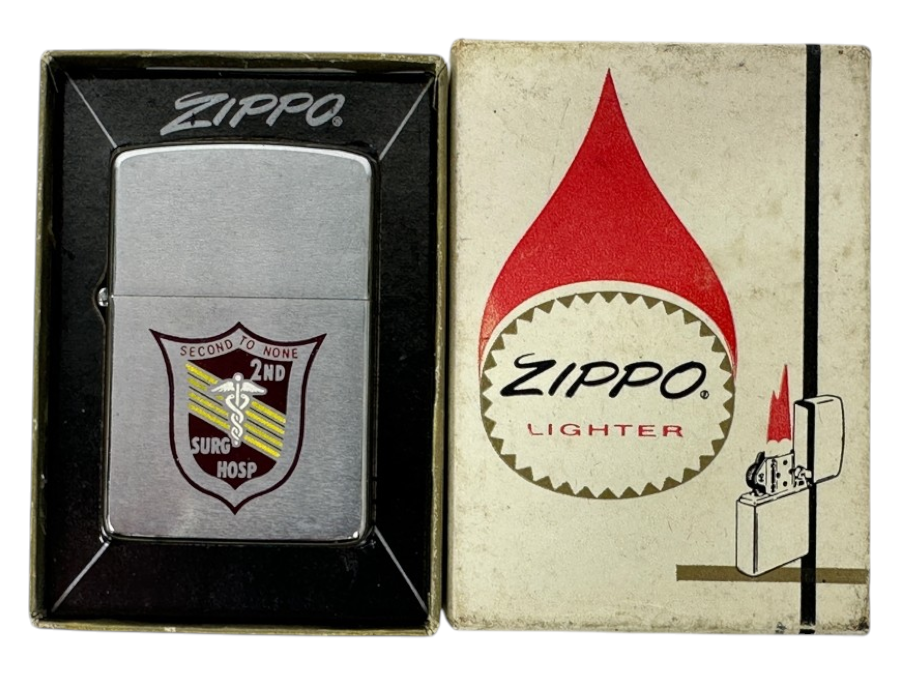 Vintage Zippo Lighter with '2nd Surgical Hospital' Crest in Original Box