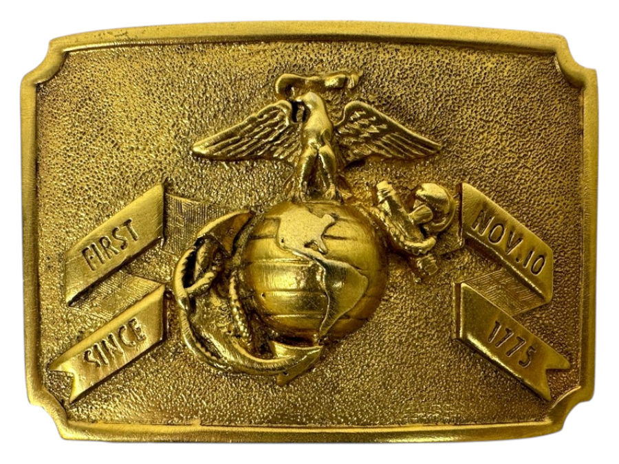 US Marine Corps Brass Belt Buckle, Featuring Eagle, Globe, and Anchor (EGA) Emblem and the Text 'First Since Nov. 10, 1775'
