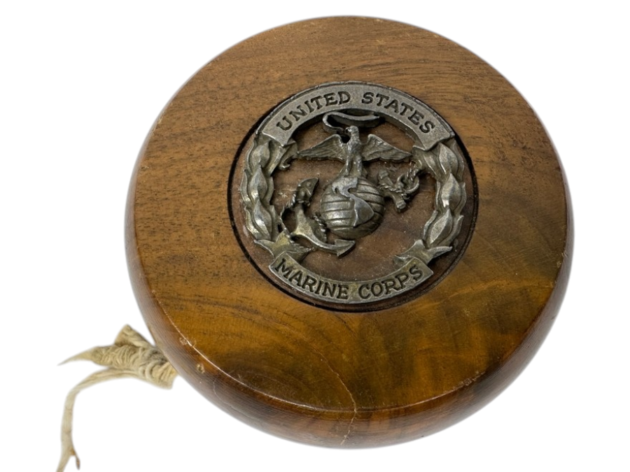 United States Marine Corps Large Wooden Yo-Yo With Metal Emblem 4'W