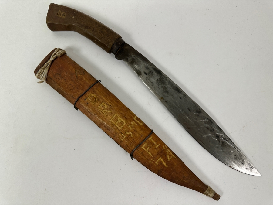 Vintage Wooden Handle Knife With Wooden Sheath And Inscriptions [Photo 2]